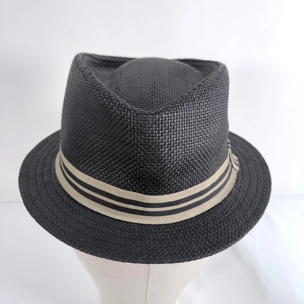 Trevero Fedora Hat Black Paper Straw Striped Band Mens Small